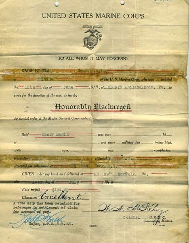 Honorable Discharge from the United States Marine Corps, page 1