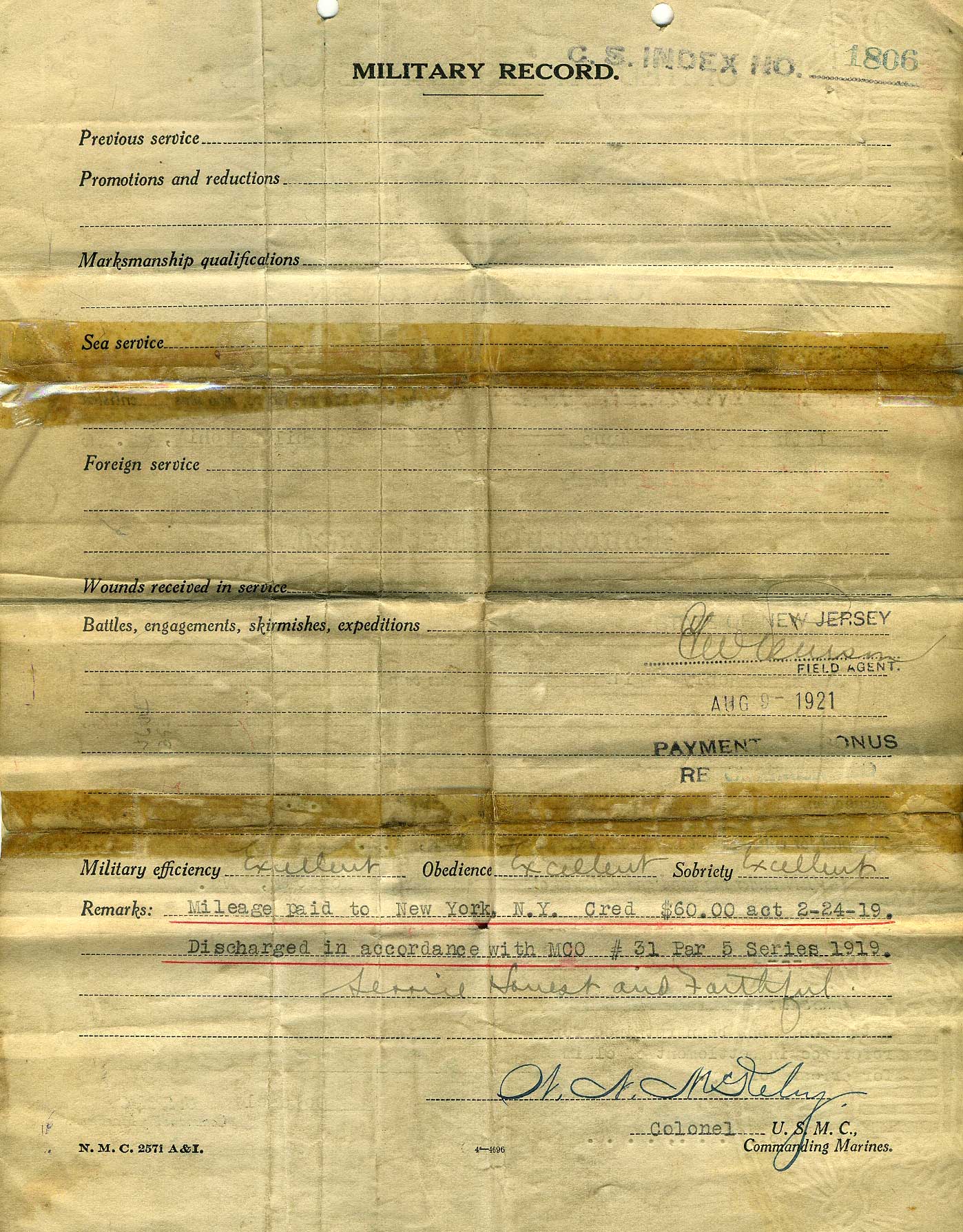 Honorable Discharge from the United States Marine Corps, page 2