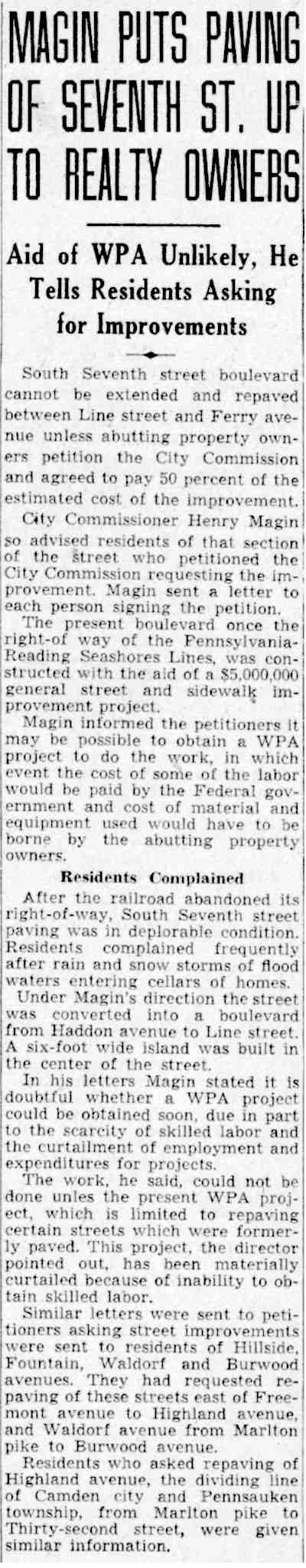 Magin Puts Paving of Seventh St. Up to Realty Owners — Camden Courier-Post, July 29, 1941