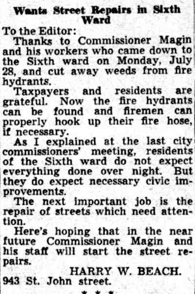 Wants Street Repairs in Sixth Ward — letter to editor, Camden Courier-Post, July 31, 1941