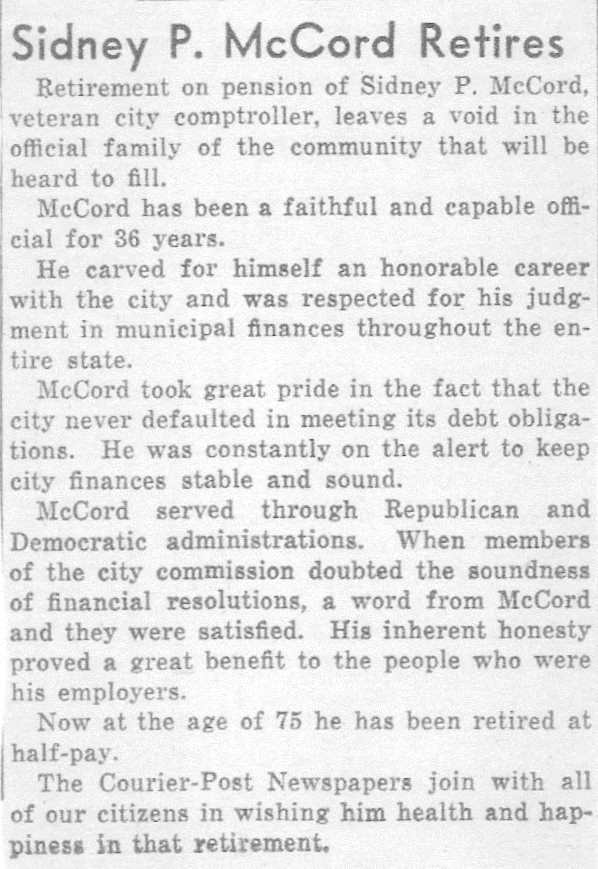Sidney P. McCord, Camden Courier-Post, May 1944