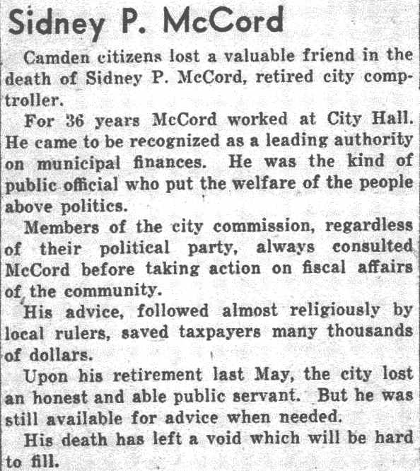 Sidney P. McCord, Camden Courier-Post, October 1944
