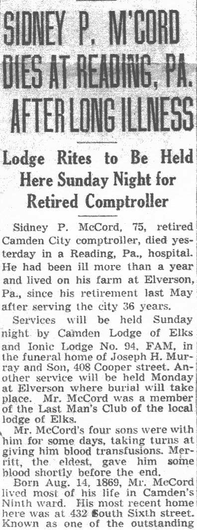 Sidney P. McCord obituary, October 1944, panel 2