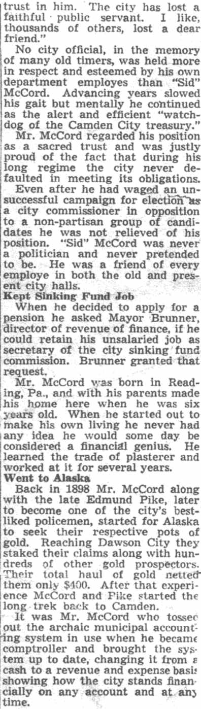 Sidney P. McCord obituary, October 1944, George Brunner and Edward Pike