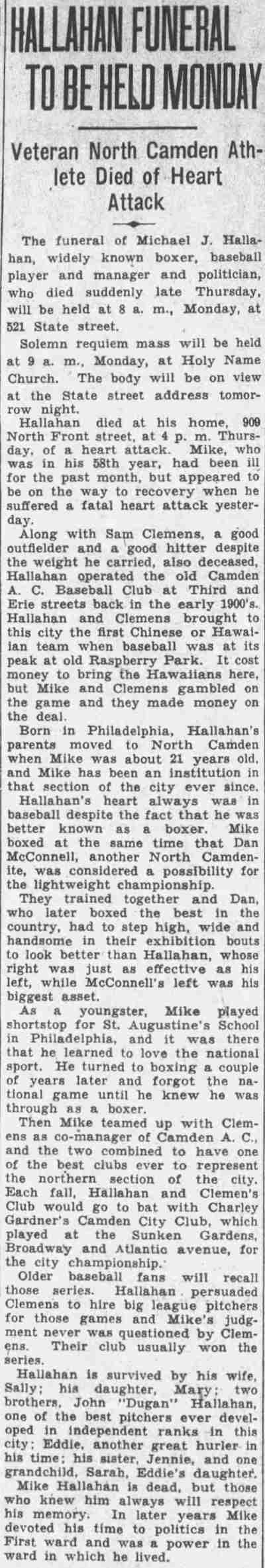 Hallahan Funeral to Be Held Monday, Camden Courier-Post, June 23, 1934