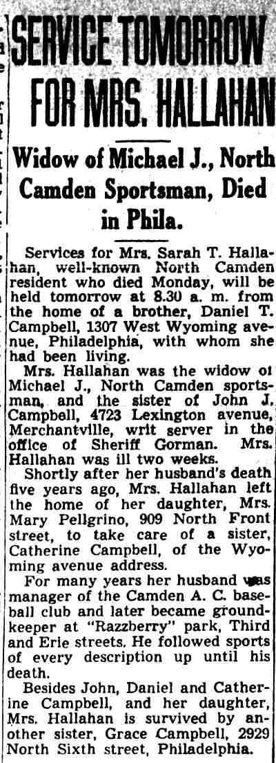 Service Tomorrow for Mrs. Hallahan, Camden Courier-Post, December 14, 1944