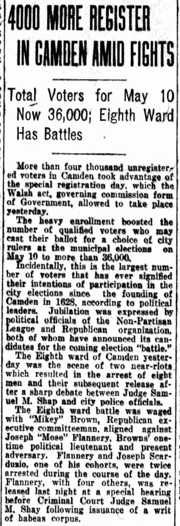 Philadelphia Inquirer April 27, 1927 - 4000 More Register in Camden Amid Fights