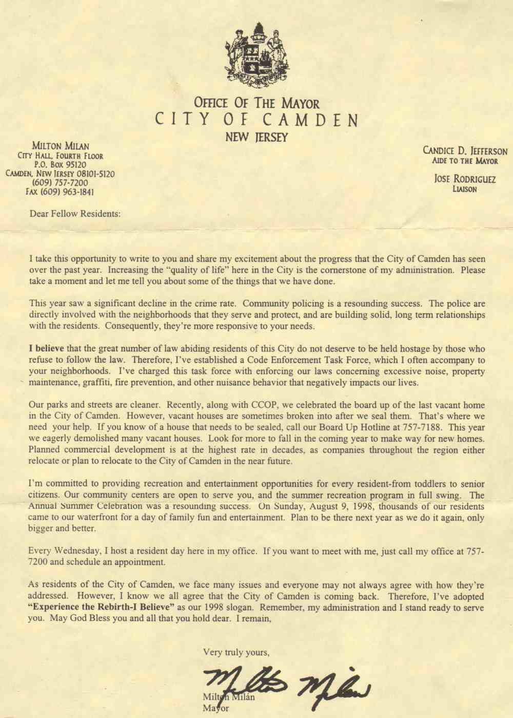 Letter from Mayor Milton Milan to Camden residents, September 1998, on Office of the Mayor letterhead, discussing crime reduction, code enforcement, parks, and his administration's 1998 slogan Experience the Rebirth—I Believe