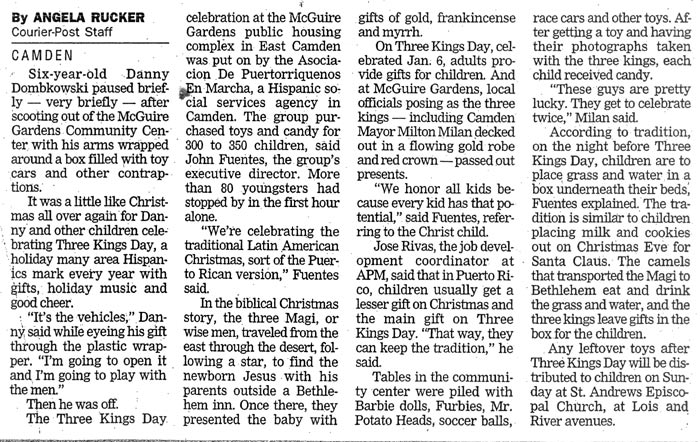 Camden Courier-Post article dated January 7, 2000, by Angela Rucker, reporting on the Three Kings Day celebration at McGuire Gardens public housing complex in East Camden, sponsored by Asociacion De Puertorriquenos En Marcha