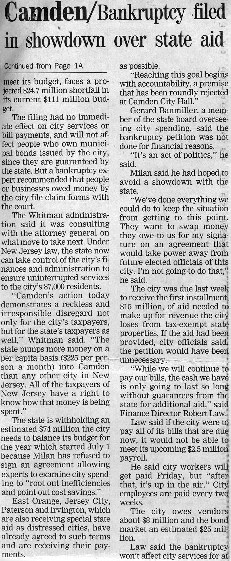 Camden Courier-Post continuation of bankruptcy article, July 20, 1999, describing showdown between Milan and state over financial aid