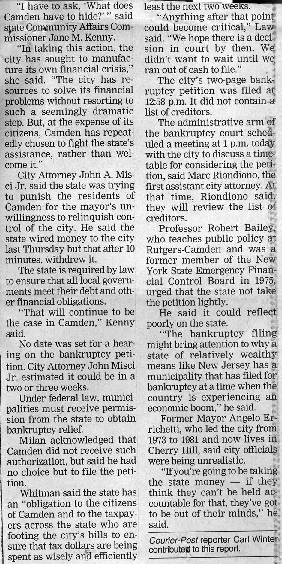 Camden Courier-Post continuation of bankruptcy article, July 20, 1999, with comments from state officials and legal experts