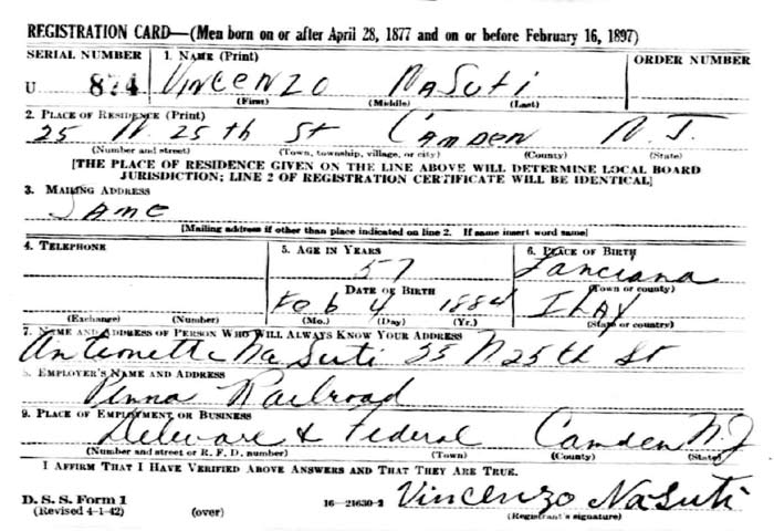 Vincenzo Nasuti World War II draft registration card, 1942