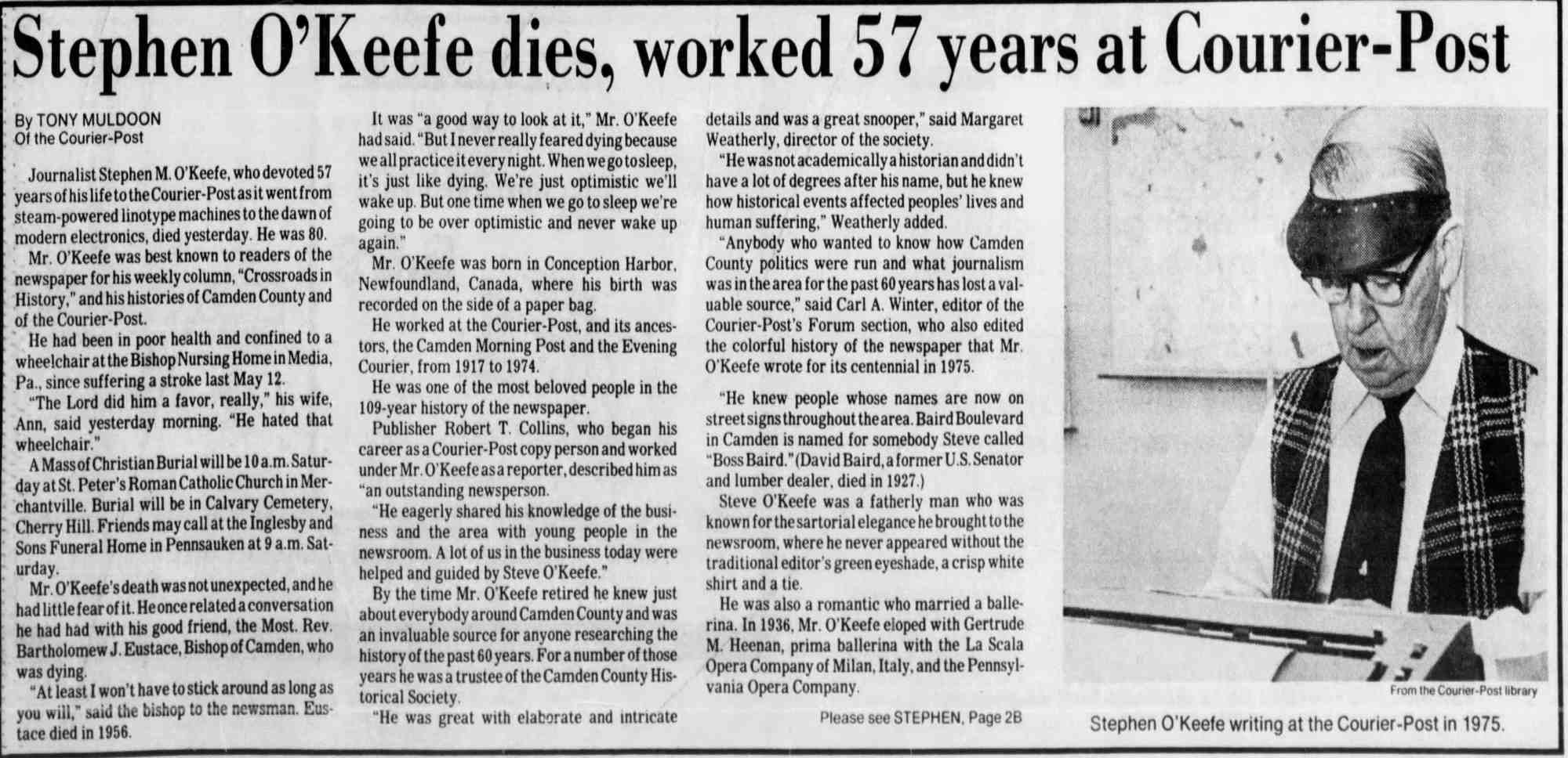 Stephen O'Keefe dies, worked 57 years at Courier-Post — obituary