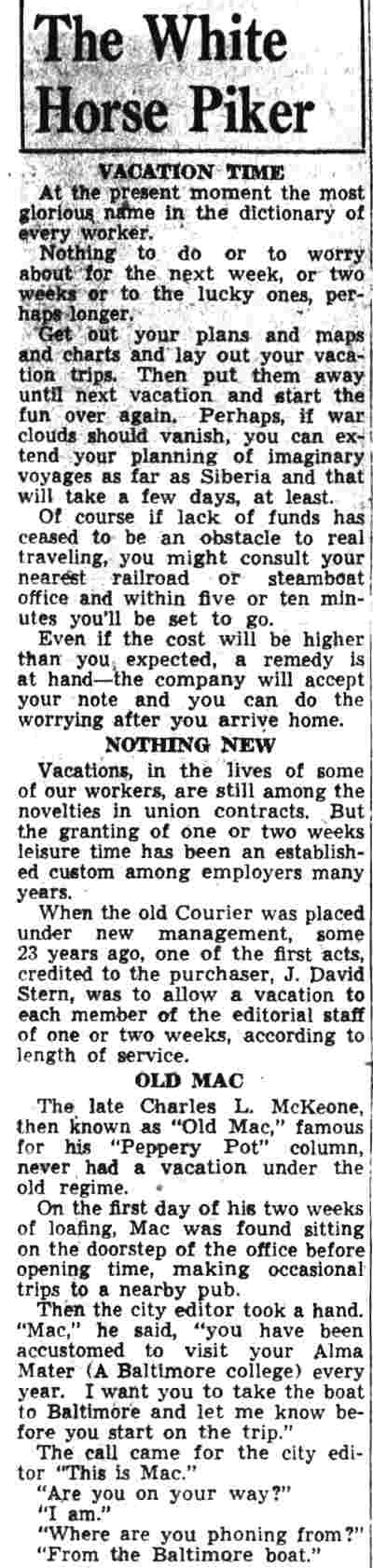 Camden Courier-Post, June 20, 1941, J. David Stern tribute to Charles L. McKeone