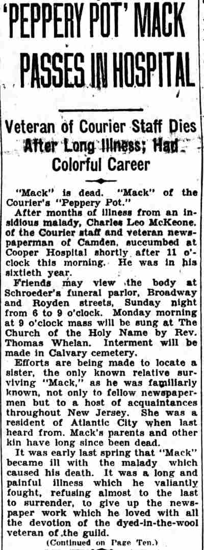 Camden Courier-Post obituary for Charles L. McKeone, December 16, 1927, part one