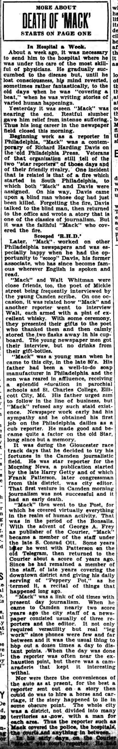 Camden Courier-Post obituary for Charles L. McKeone, December 16, 1927, continued