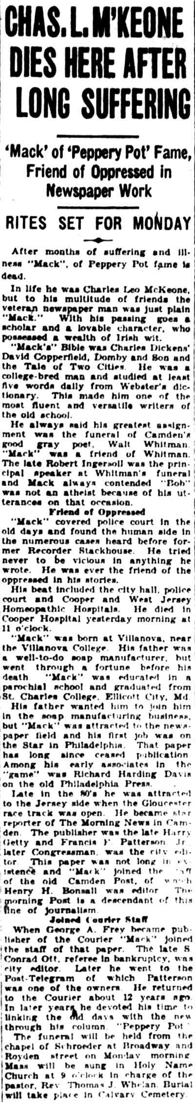 Camden Courier-Post, December 17, 1927, obituary and tributes for Charles L. McKeone