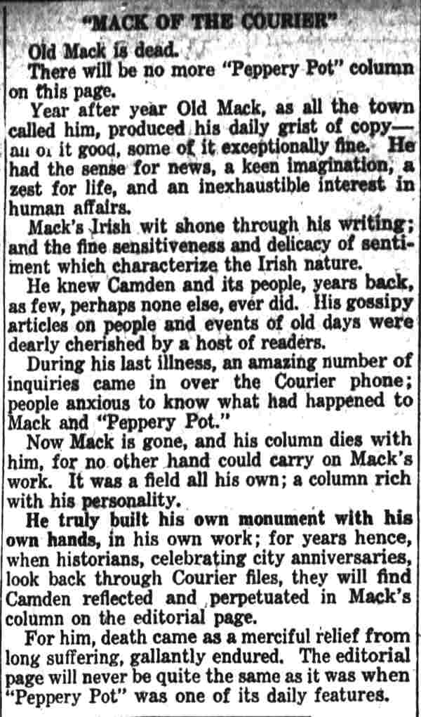 Camden Courier-Post editorial on the death of Charles L. McKeone, December 17, 1927