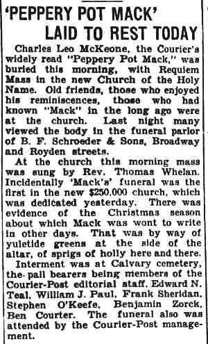 Camden Courier-Post December 19, 1927 — Charles L. McKeone obituary page