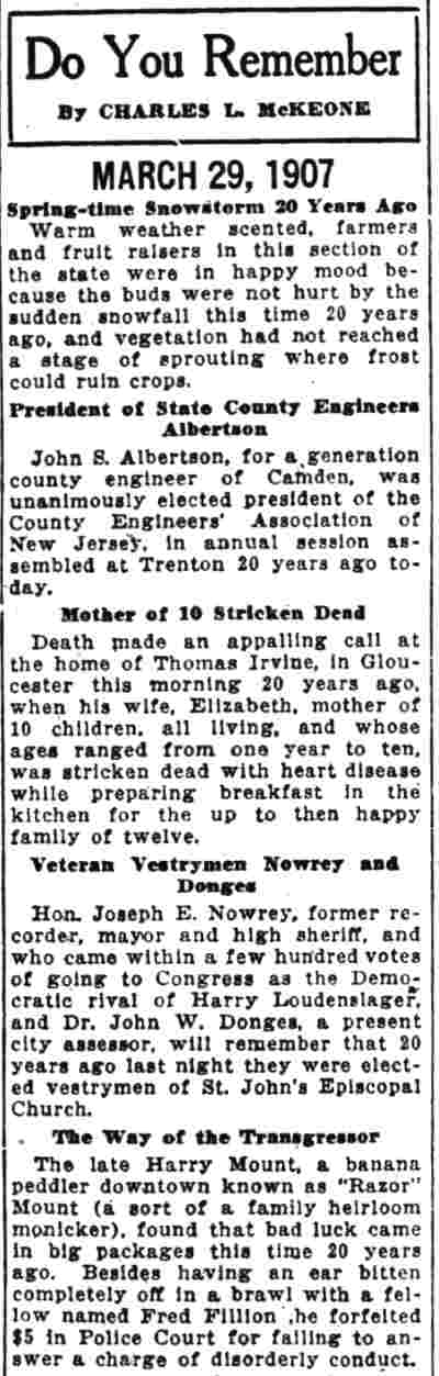 Do You Remember by Charles L. McKeone — March 29, 1907 — Camden Courier-Post, March 29, 1927