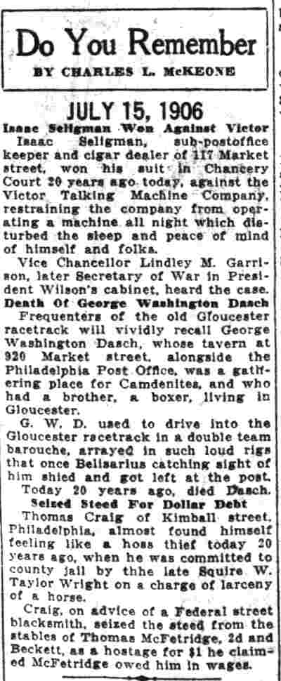 Do You Remember by Charles L. McKeone — July 15, 1906 — Camden Courier-Post, July 15, 1926