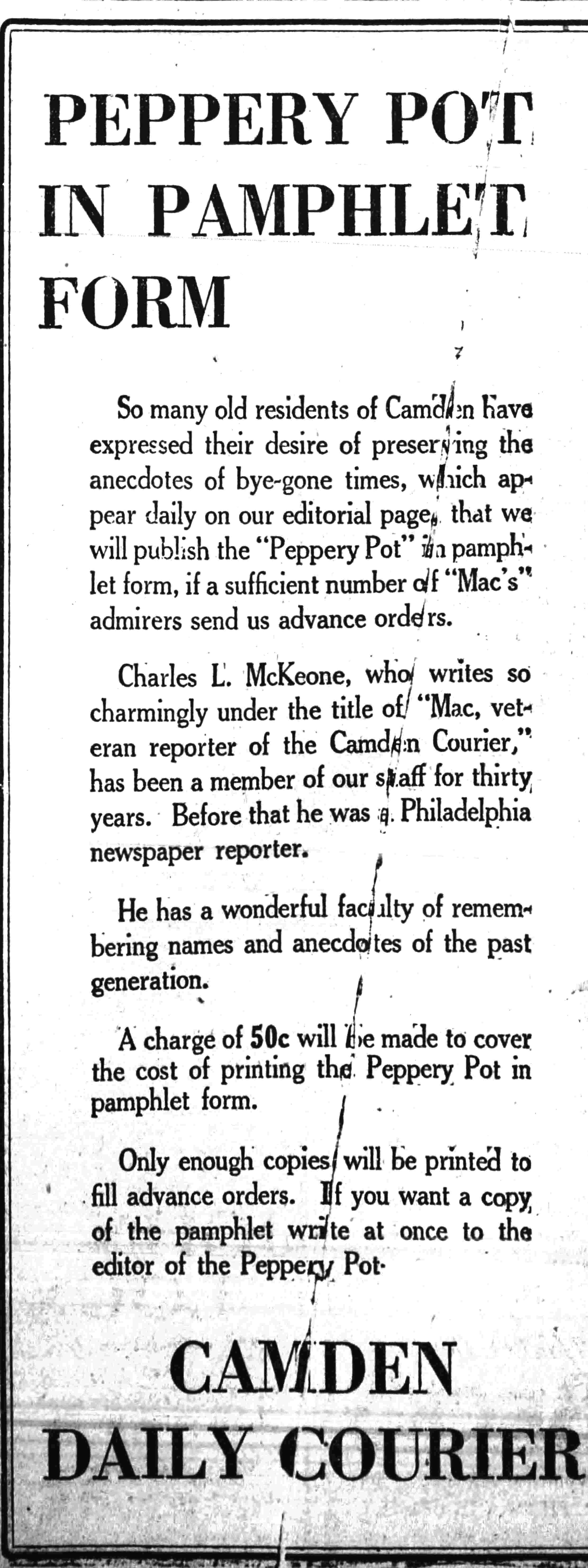The Peppery Pot by Mack, Camden Courier-Post, July 14, 1921
