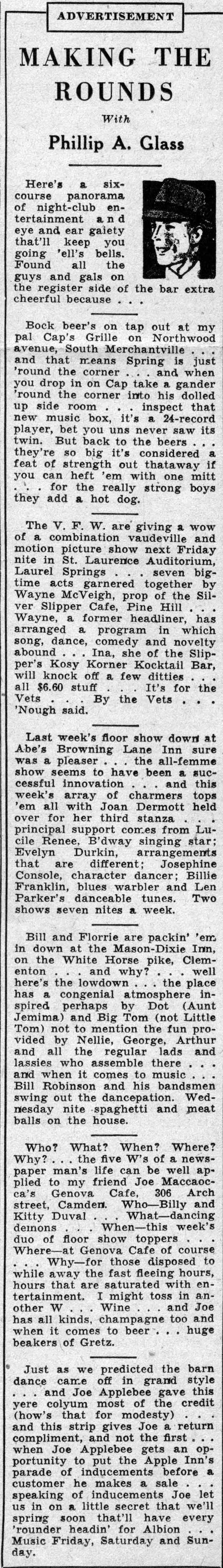 Phillip A. Glass column, Camden Courier-Post, February 26, 1938