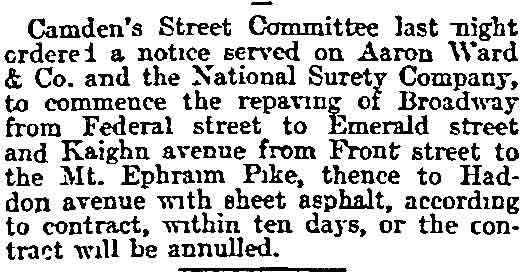 Newspaper clipping about Camden Street Committee notice to Aaron Ward