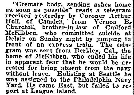 Philadelphia Inquirer, October 5, 1921 — Coroner Arthur Holl receives telegram about Guilford McKibben suicide at Delair