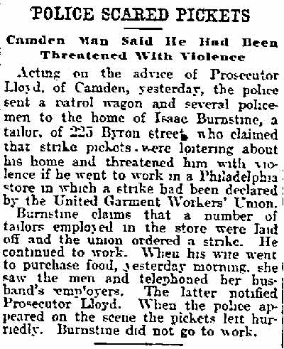 Philadelphia Inquirer, December 29, 1903 — Police Scared Pickets, Isaac Burnstine