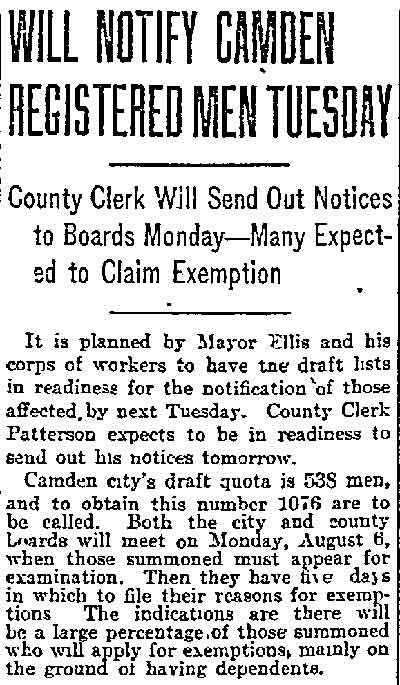Will Notify Camden Registered Men Tuesday - Philadelphia Inquirer, July 29, 1917