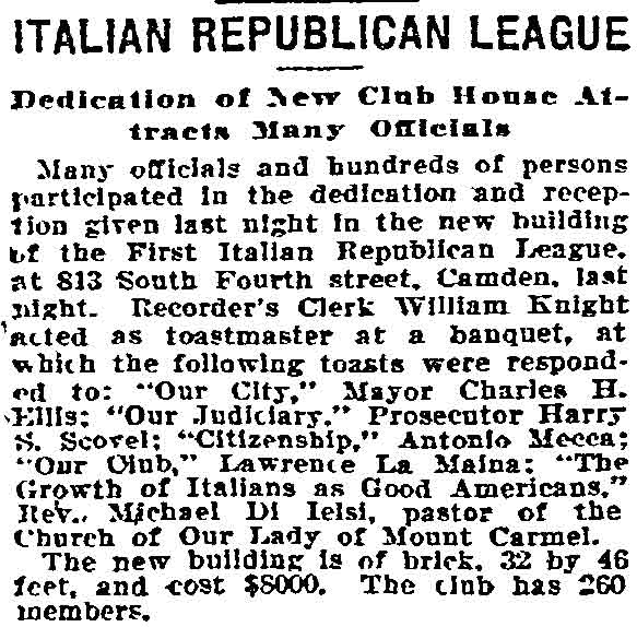 First Italian Republican League article, Philadelphia Inquirer, September 18, 1908