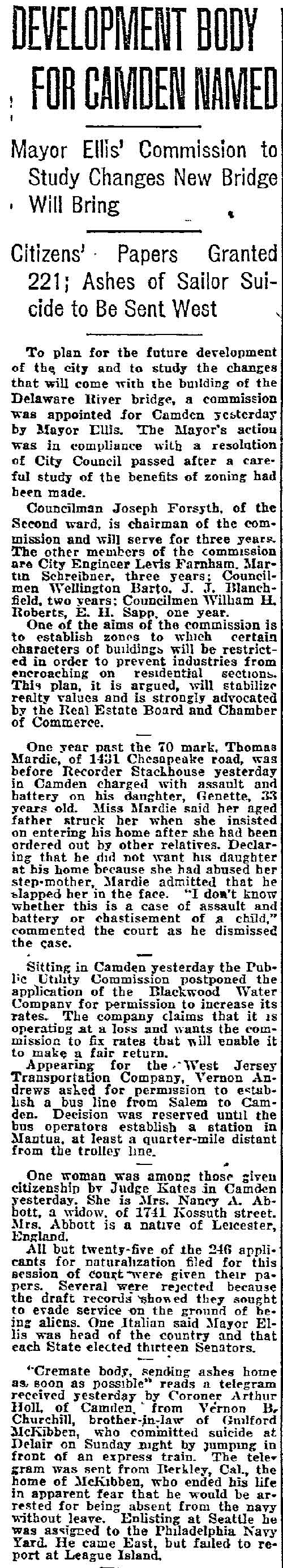 Development Body for Camden Named, Philadelphia Inquirer, October 5, 1921