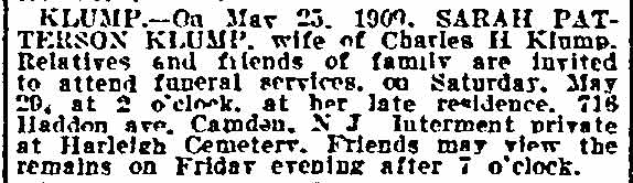 Death notice for Sarah Patterson Klump, Philadelphia Inquirer, May 28, 1909
