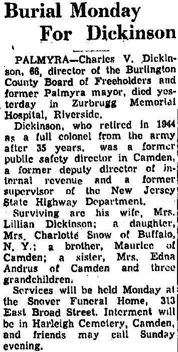 Trenton Evening Times, October 4, 1957 — Charles V. Dickinson obituary