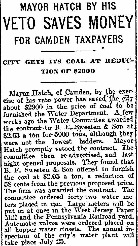 Mayor Hatch By His Veto Saves Money for Camden Taxpayers — Philadelphia Inquirer, July 1, 1899