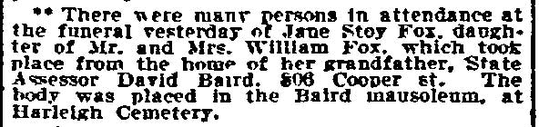 Funeral of Jane Stoy Fox - Philadelphia Inquirer, March 18, 1909