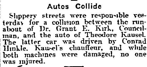Newspaper clipping: Autos Collide — Philadelphia Inquirer February 3, 1915. Related: Dr. Grant E. Kirk, Theodore Kausel, Conrad Hinkle.