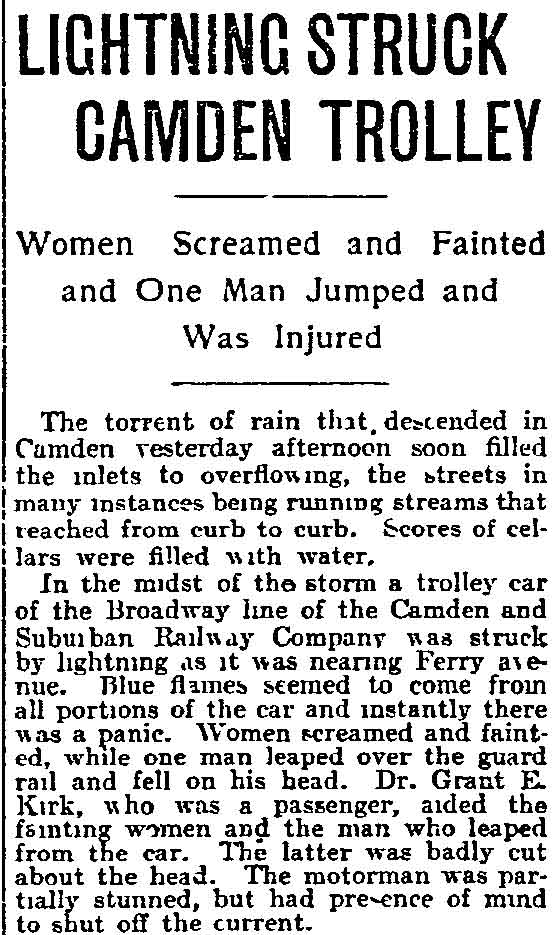 Philadelphia Inquirer, July 4, 1902 — Lightning Struck Camden Trolley, part 1