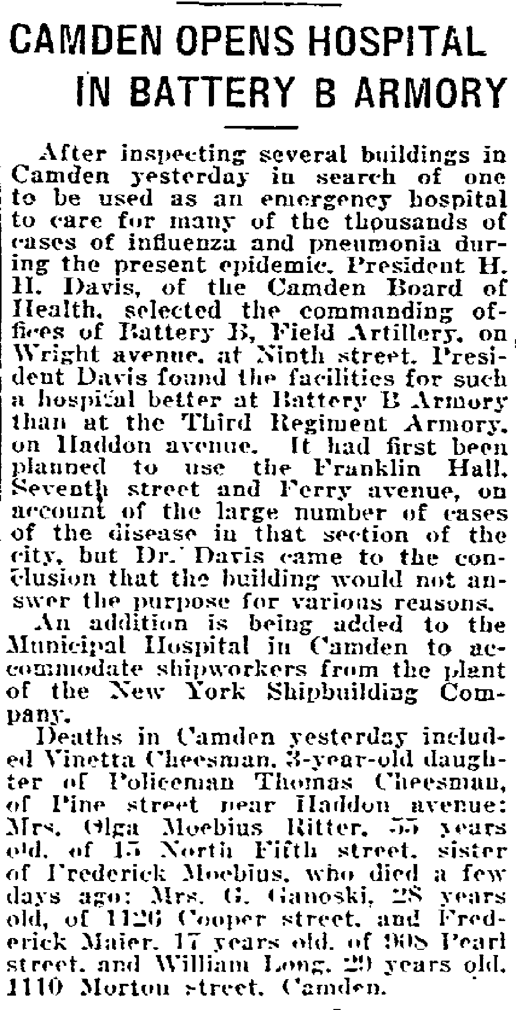 Philadelphia Inquirer, October 7, 1918 — Dr. Henry H. Davis, influenza epidemic