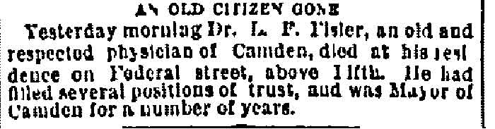Philadelphia Inquirer, March 31, 1871 — obituary for Dr. L. F. Fisler