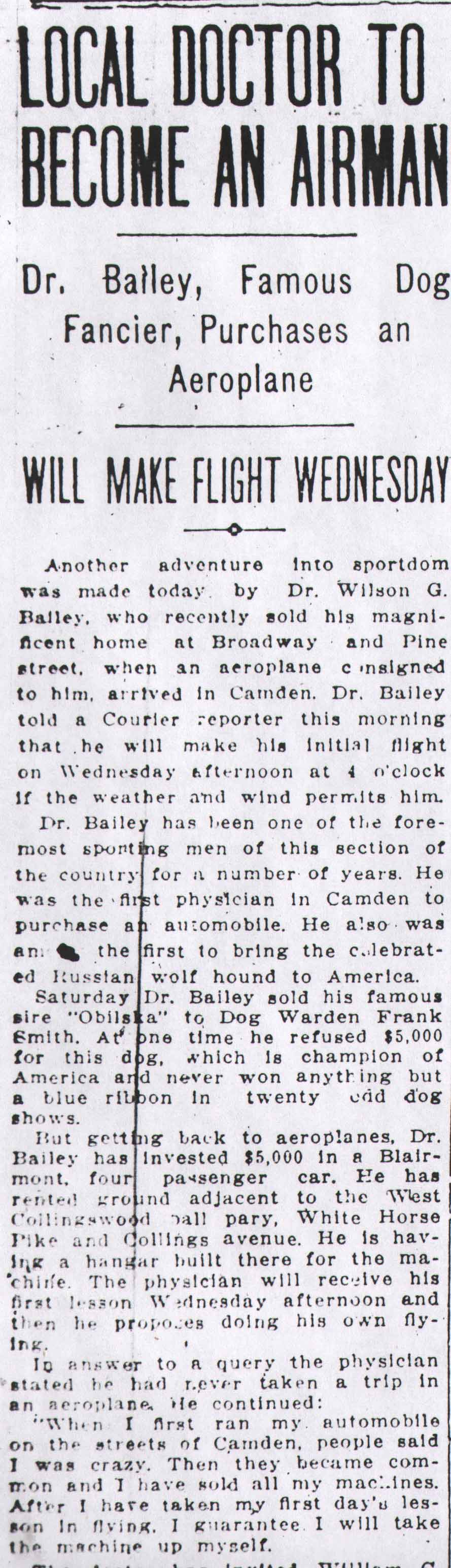 Camden Courier article July 28, 1913 — Local Doctor to Become an Airman