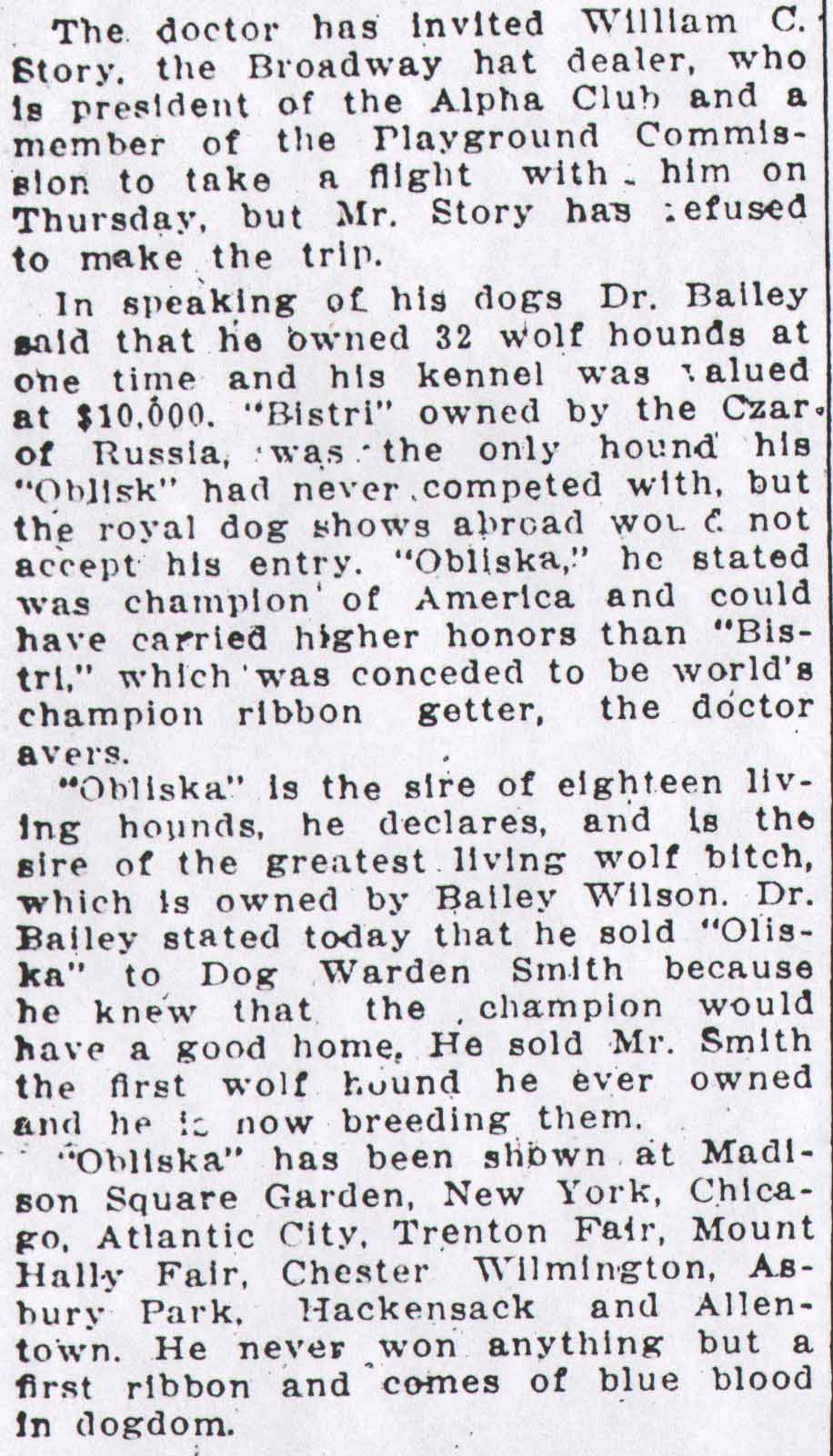 Camden Courier July 28, 1913 continuation — Dr. Bailey's wolfhounds and William C. Story