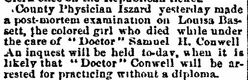 Philadelphia Inquirer, June 17, 1890 — post-mortem examination on Louisa Bassett