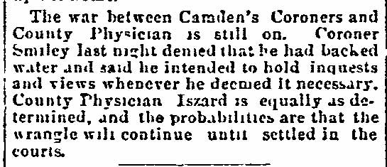 Philadelphia Inquirer, August 28, 1891 — dispute between Camden coroners and county physician
