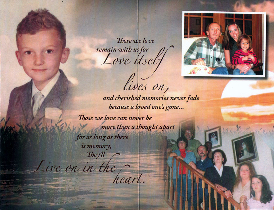Memorial card inner pages with childhood and family photos