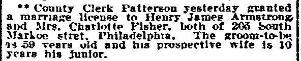 Philadelphia Inquirer, March 18, 1909 – Henry James Armstrong and Mrs. Charlotte Fisher