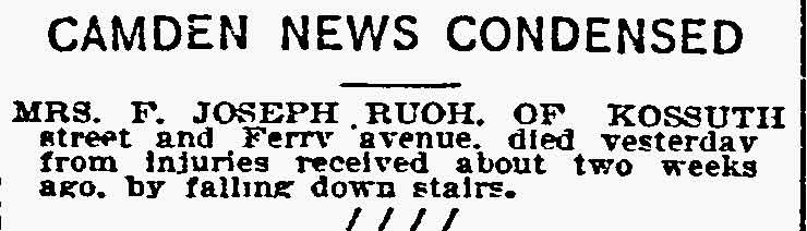 Philadelphia Inquirer, December 8, 1897, reporting on wife of F. Joseph Rouh injured in fall