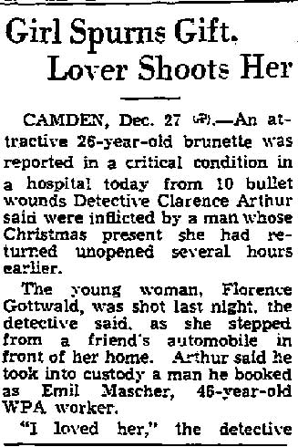 Trenton Evening Times, December 27, 1938: Girl Spurns Gift, Lover Shoots Her