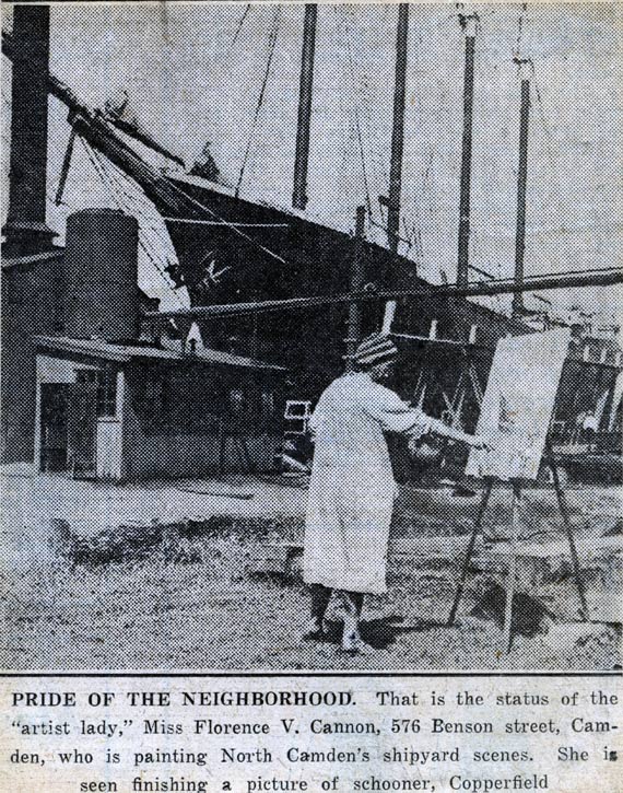 Florence V. Cannon painting at the North Camden shipyard — Philadelphia Evening Ledger, August 15, 1932